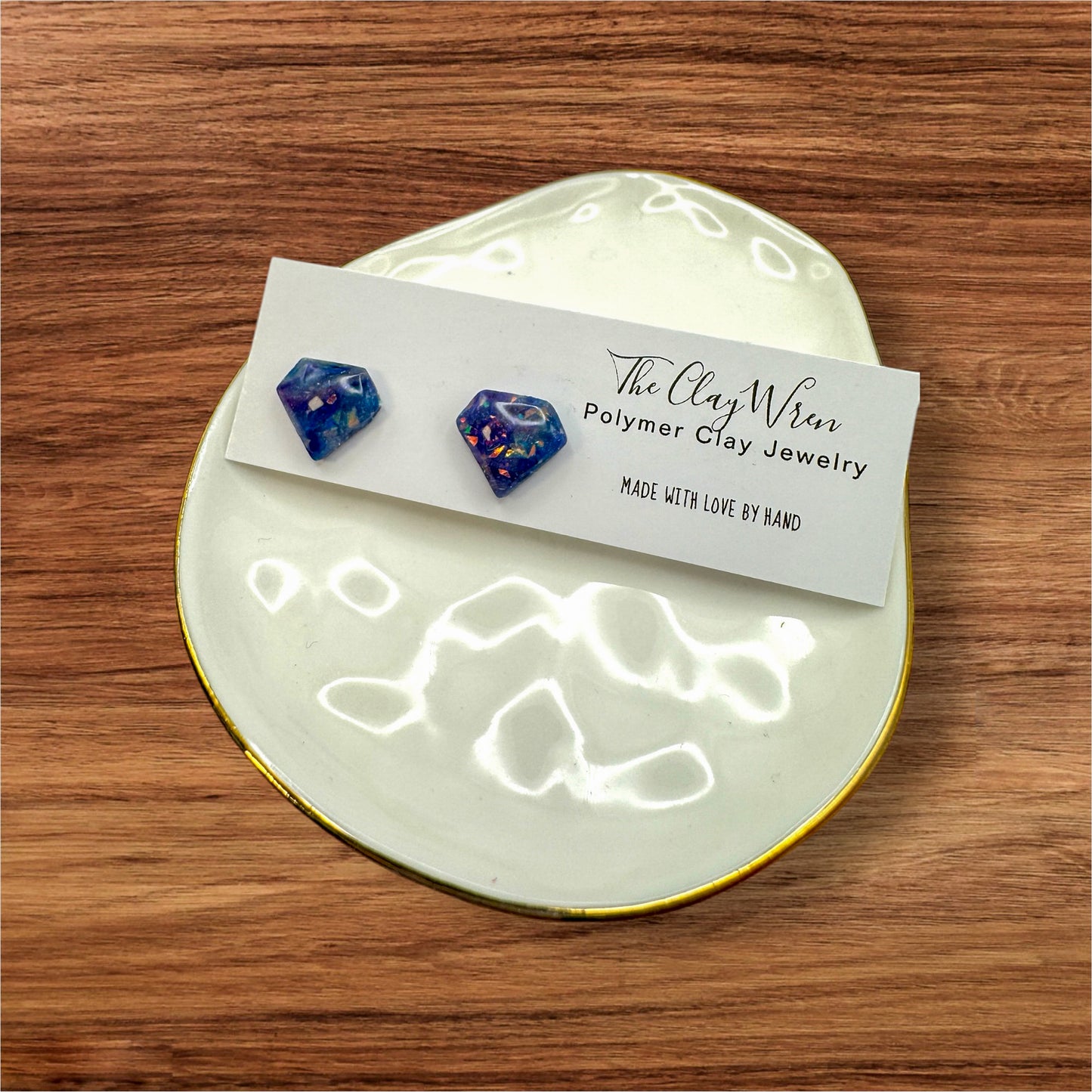Faux blue and purple opal studs (diamond shape)