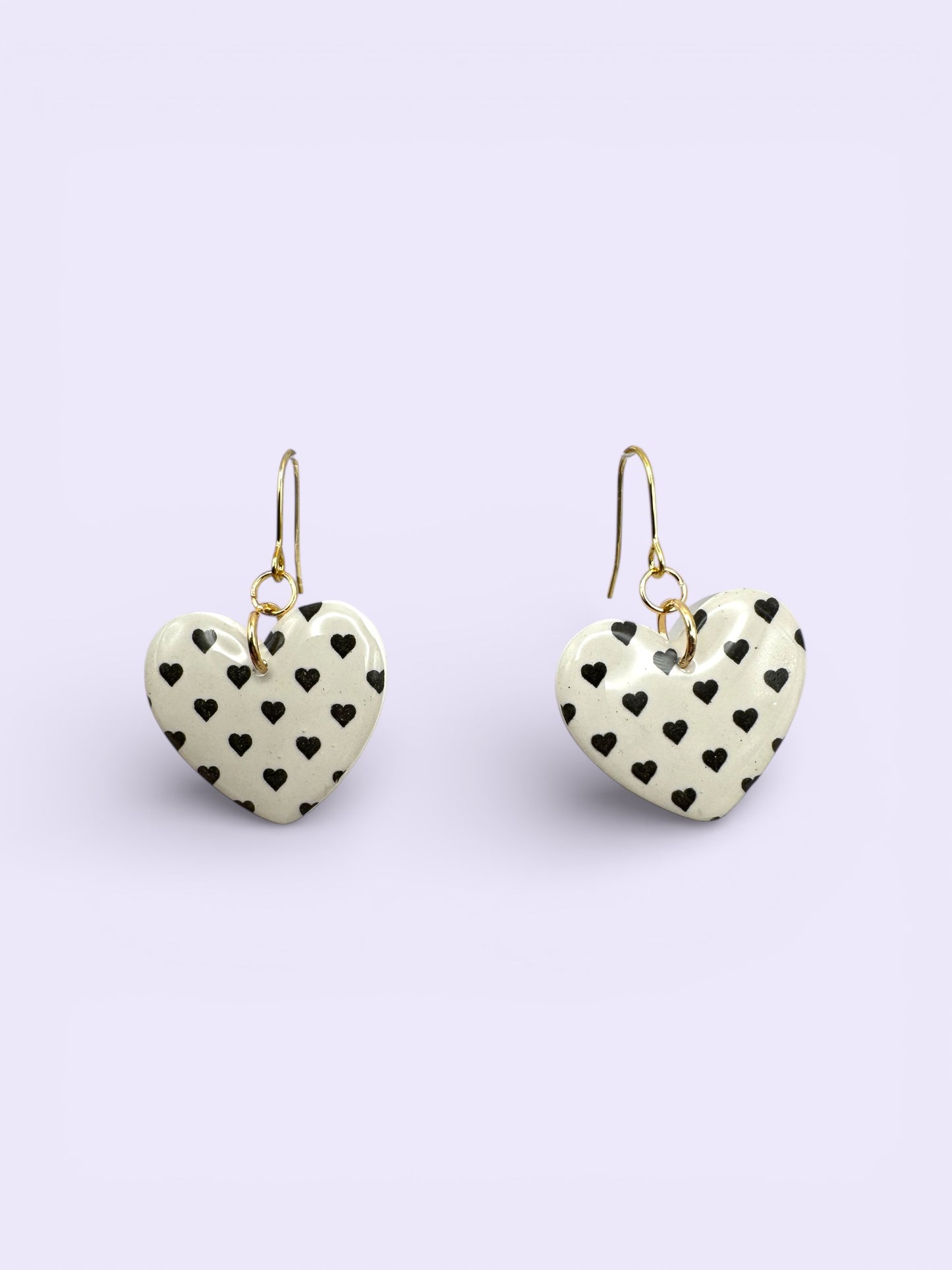 Heart Dangles with Gold Hooks (Stainless Steel)- White with Black Hearts