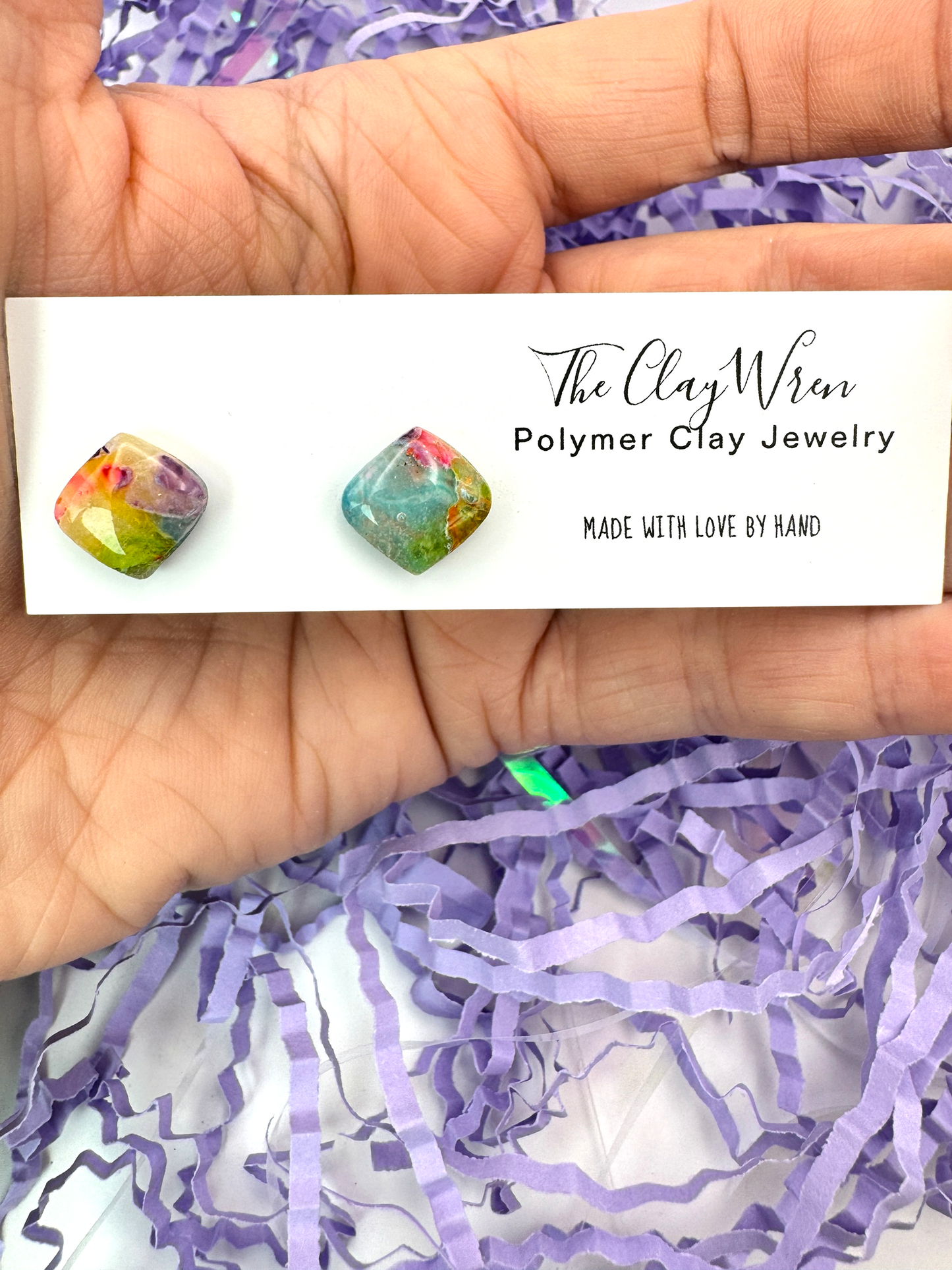 Rainbow Marble Studs- Rounded Squares