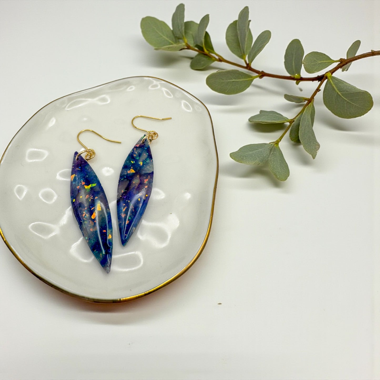 Faux blue and purple opal dangles