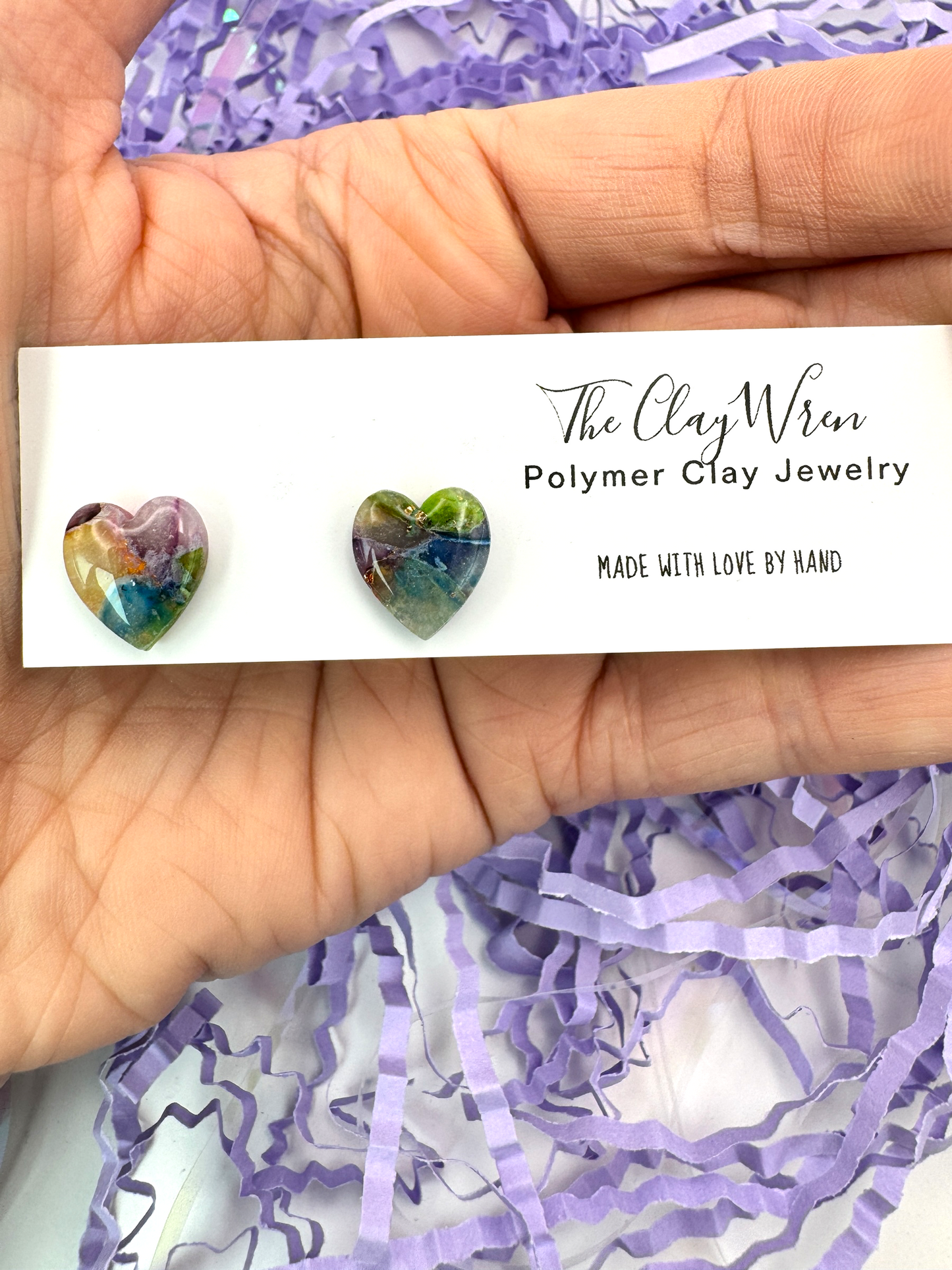 Rainbow Marble Studs-Elongated Hearts