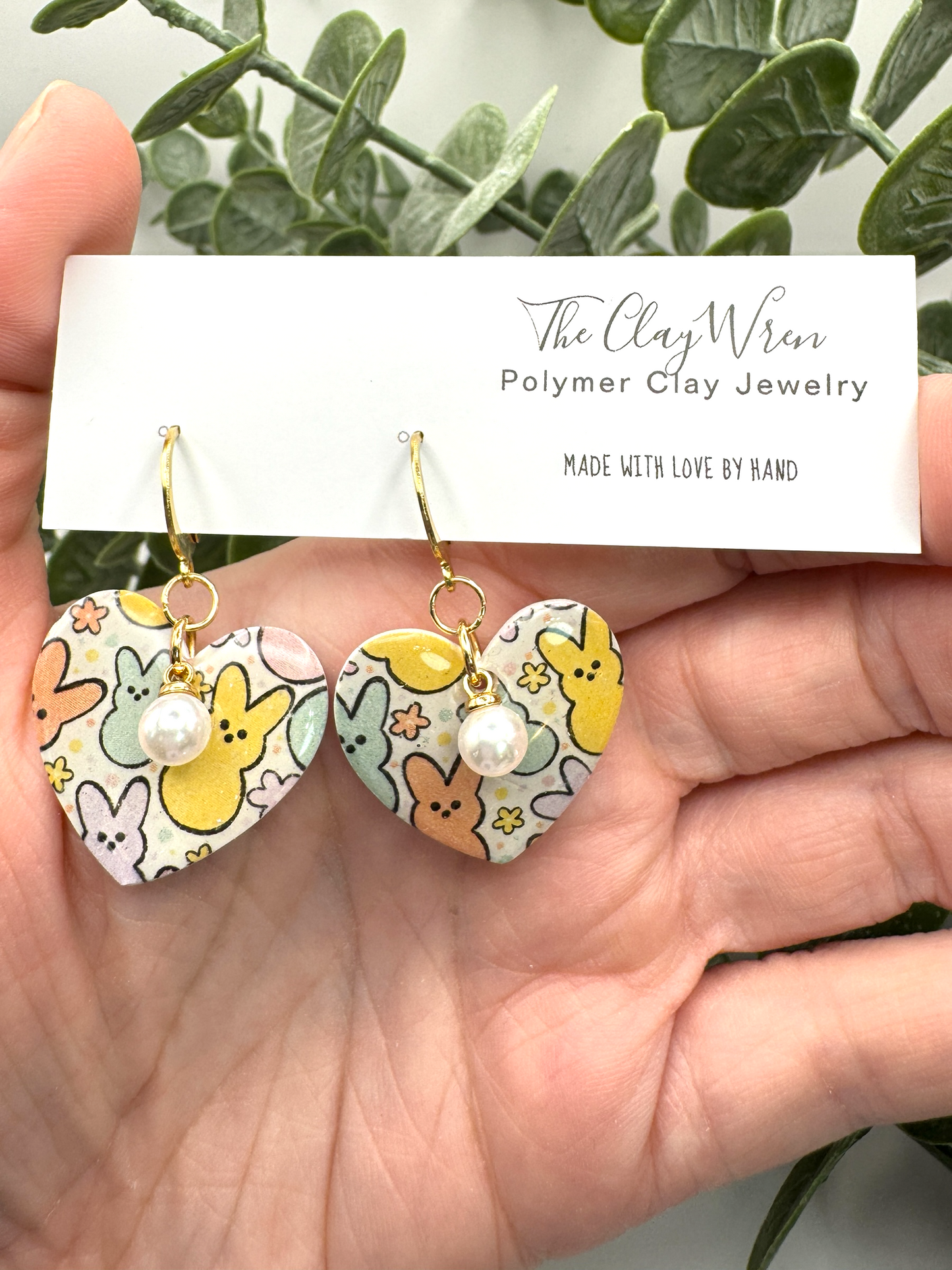 Spring Bunny Heart Huggies-with pearl charm
