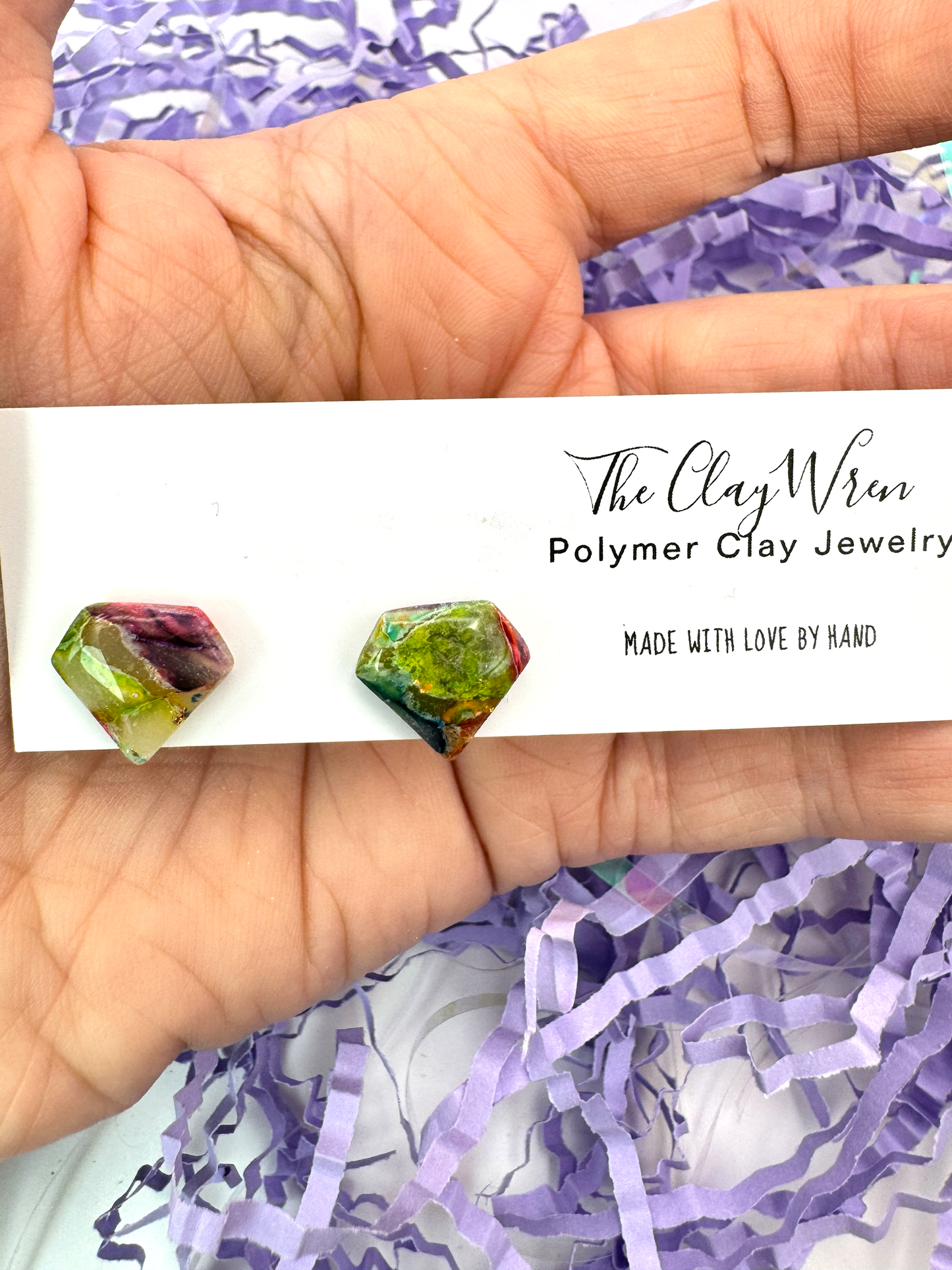 Rainbow Marble Studs- Jewel Shape