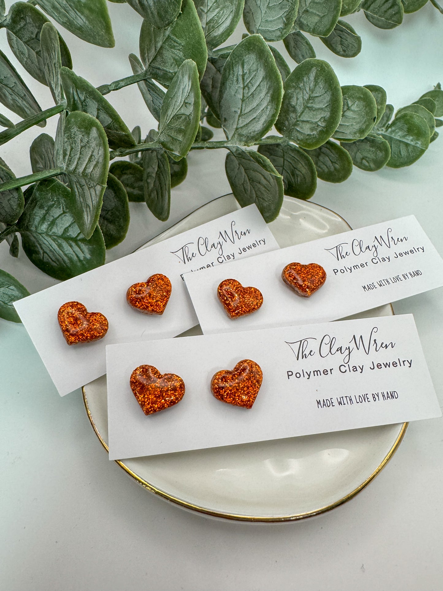 Orange Glitter Heart Studs With Embedded Posts