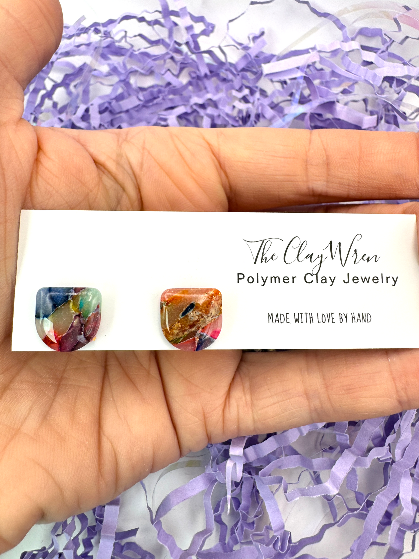 Rainbow Marble Studs-Half Ovals