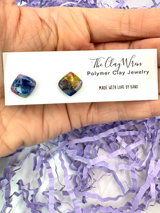 Rainbow Marble Studs- Rounded Squares