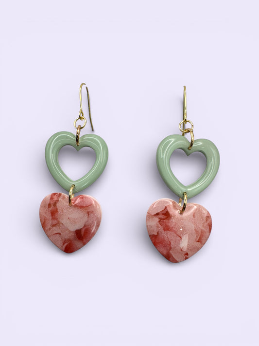 Cutout Heart 2 Tiered Dangle- Sage & Rose Petal