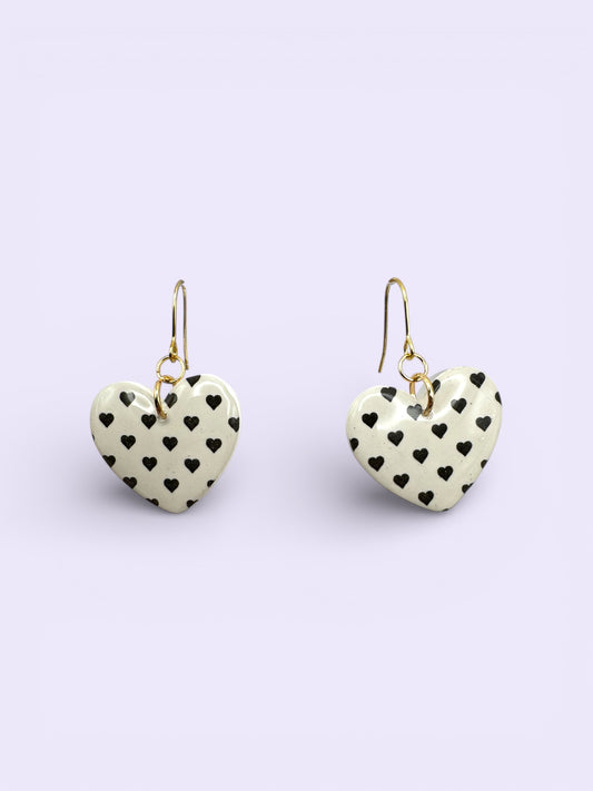 Heart Dangles with Gold Hooks (Stainless Steel)- White with Black Hearts