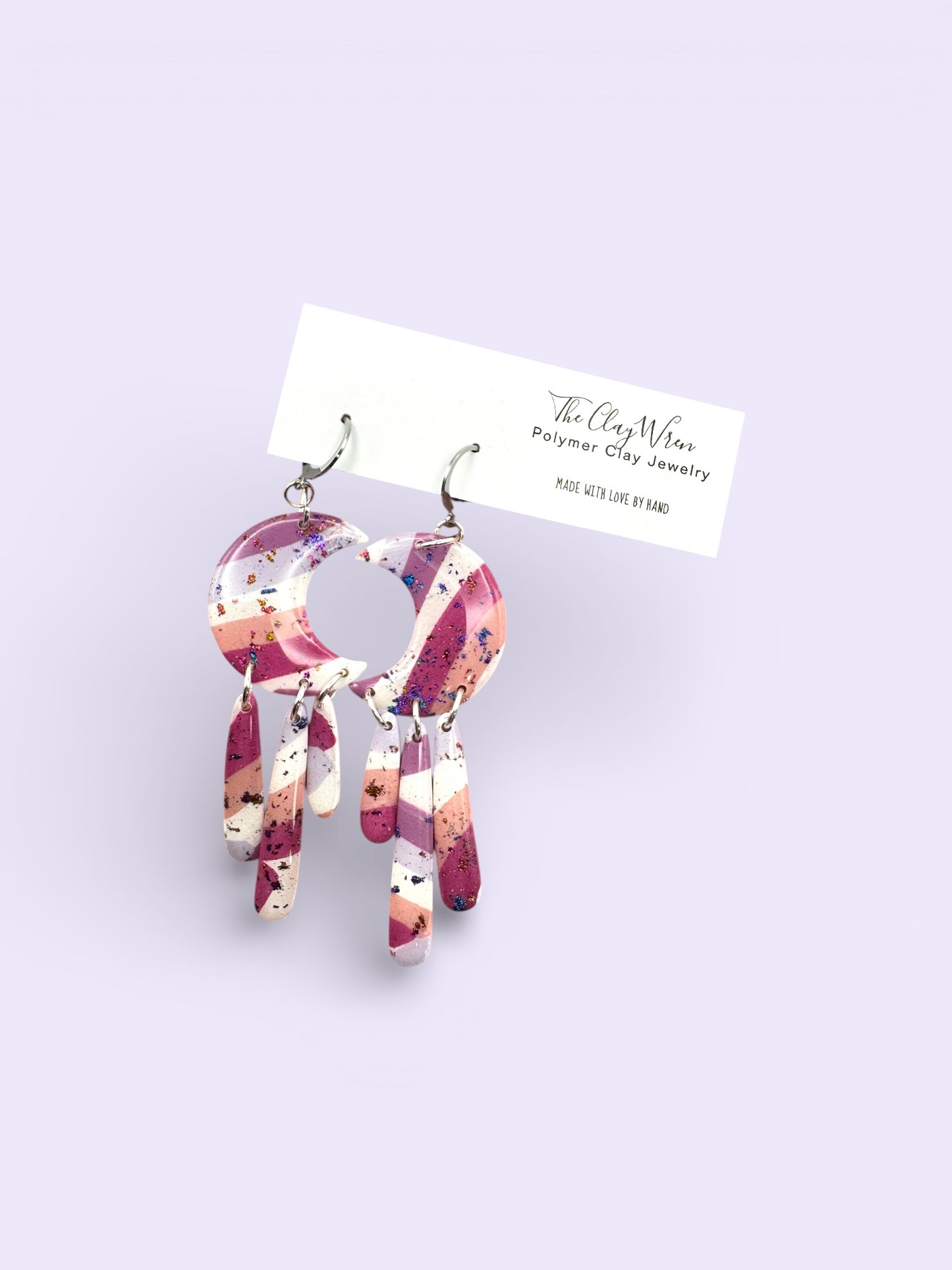 Multicolor Moon Drop Dangles- Silver Huggies (Stainless Steel)