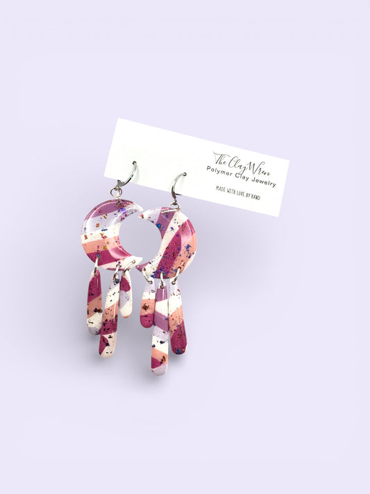 Multicolor Moon Drop Dangles- Silver Huggies (Stainless Steel)