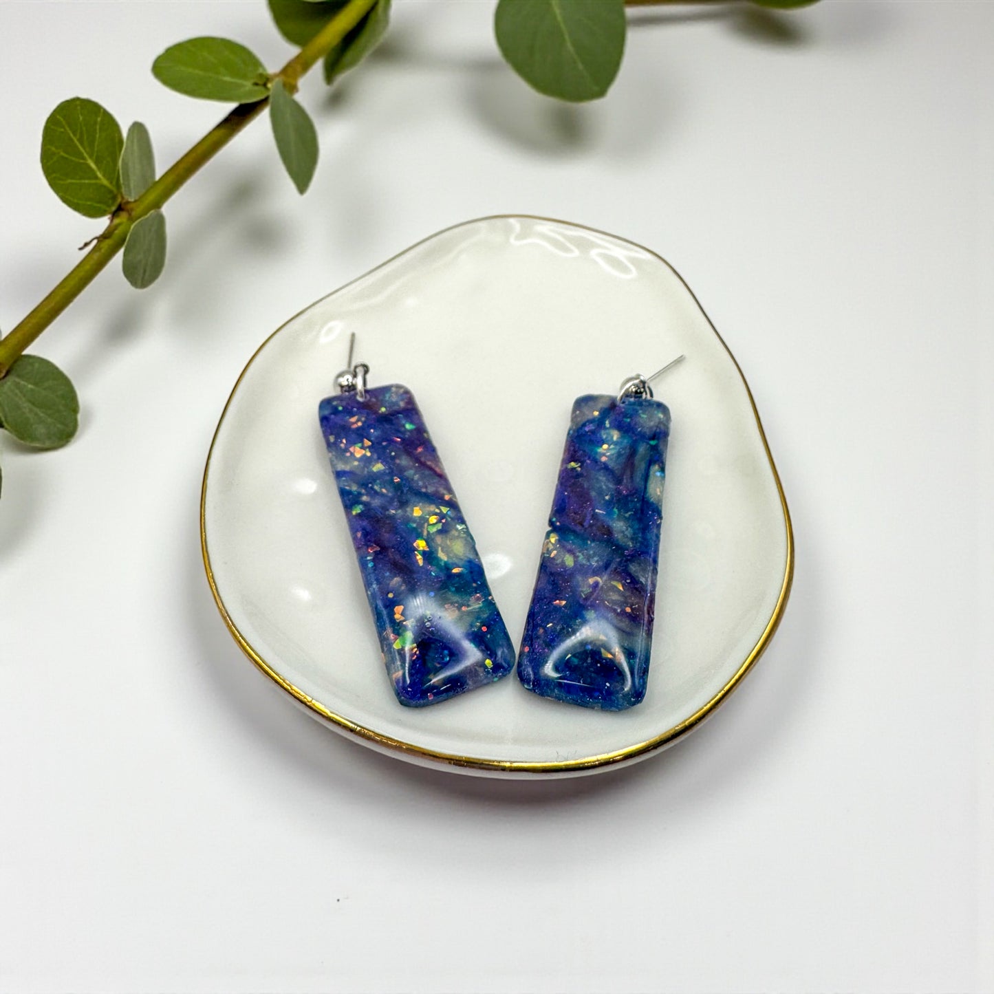 Faux blue and purple opal dangles