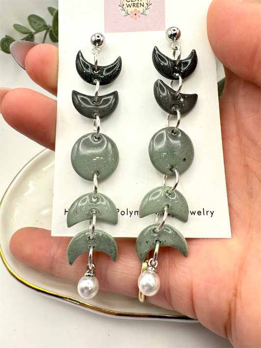 Ombre Mini Moon Phase Dangles- Sage & Black
