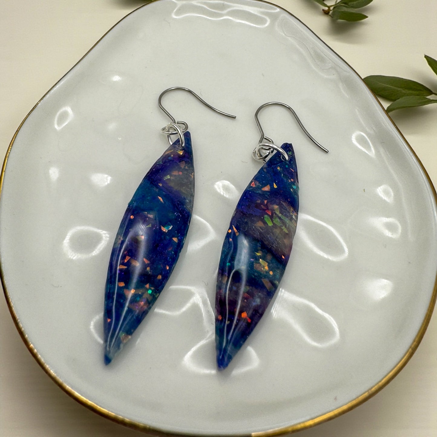 Faux blue and purple opal dangles