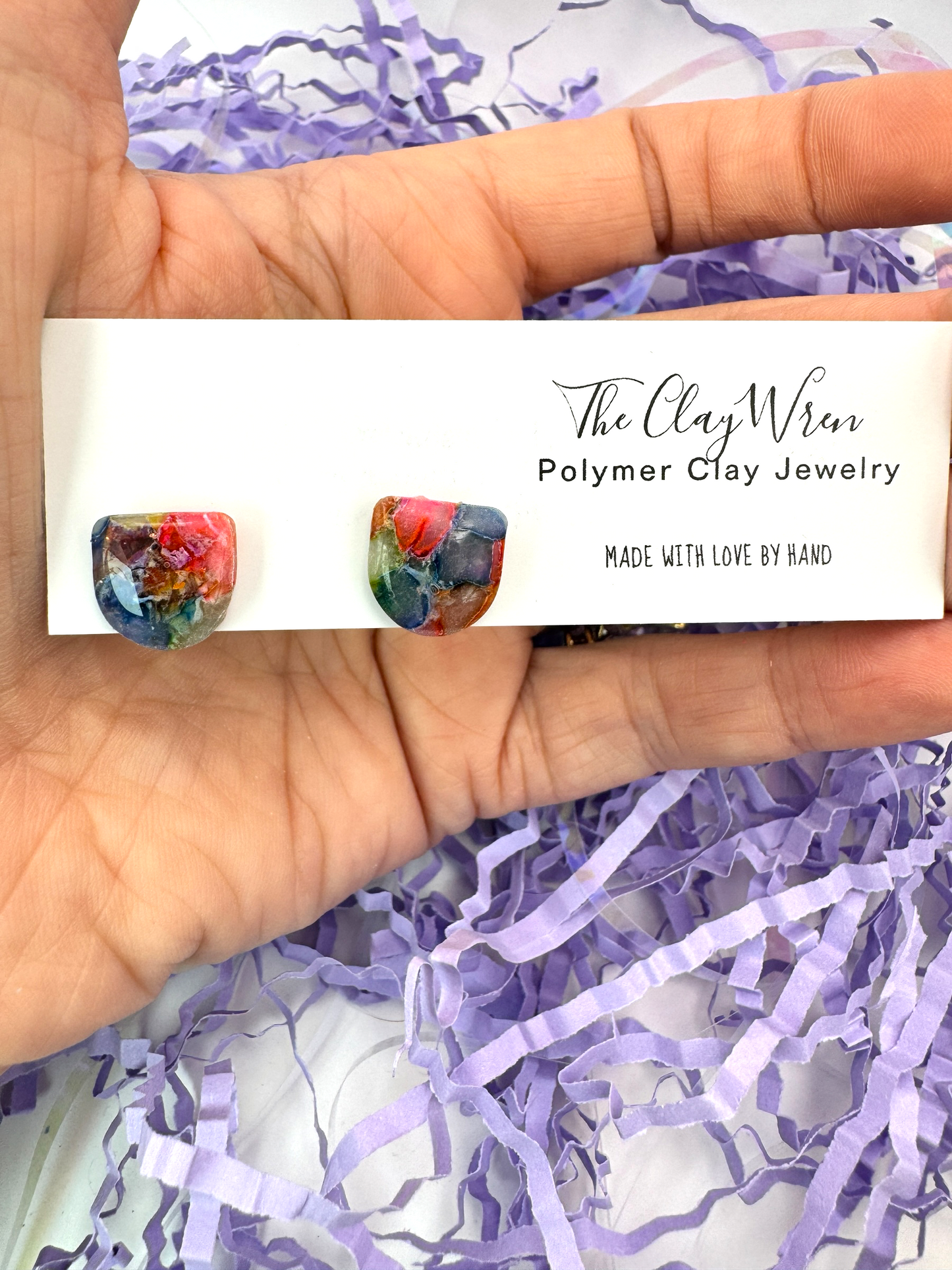 Rainbow Marble Studs-Half Ovals