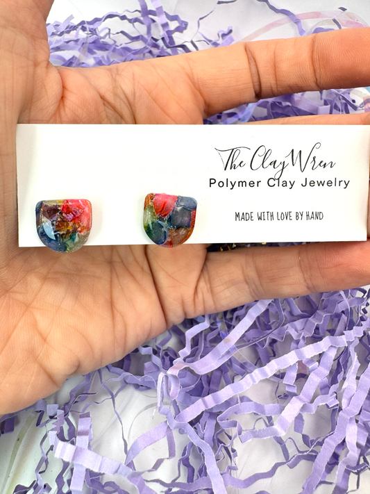 Rainbow Marble Studs-Half Ovals