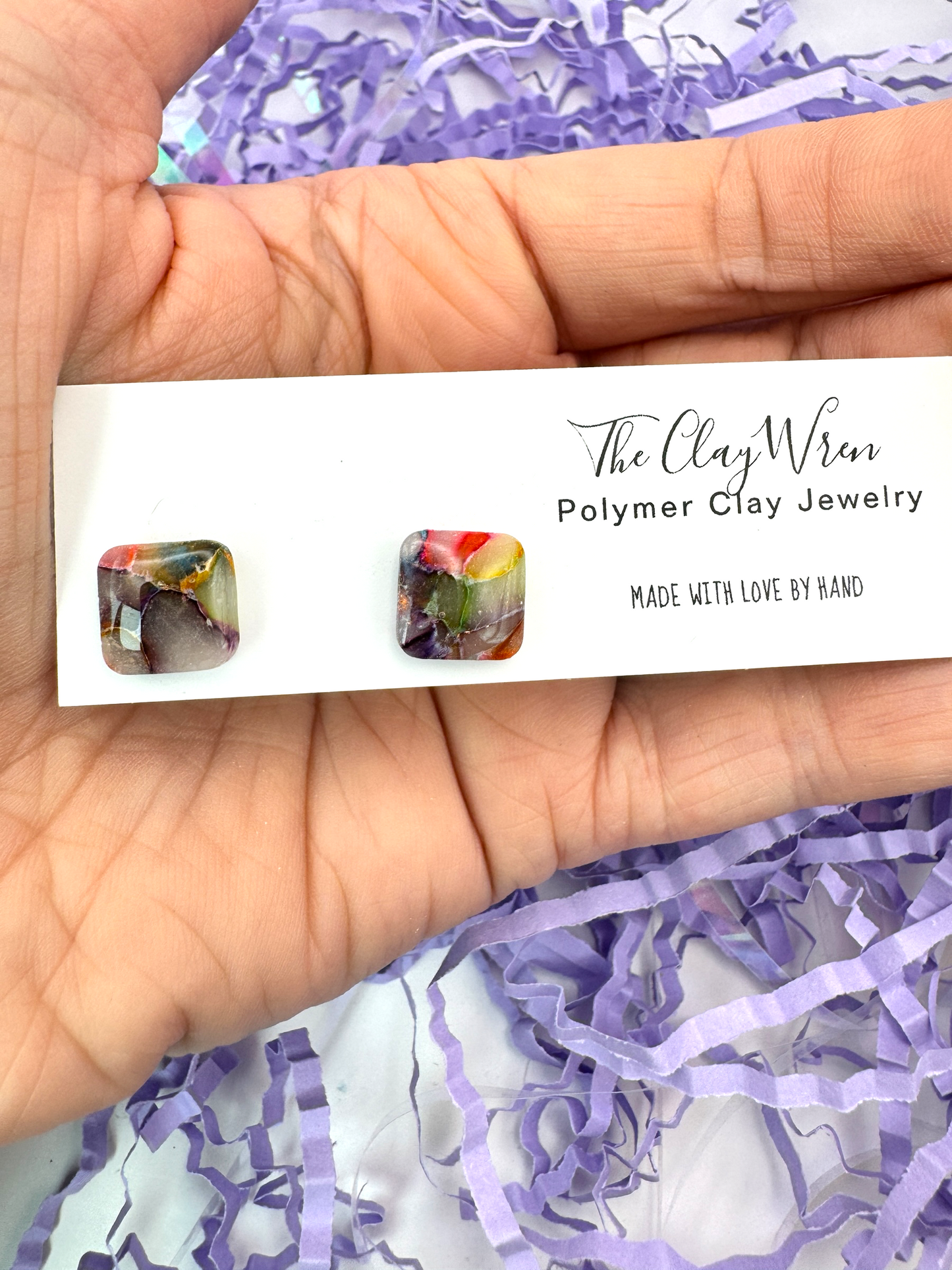 Rainbow Marble Studs- Squares