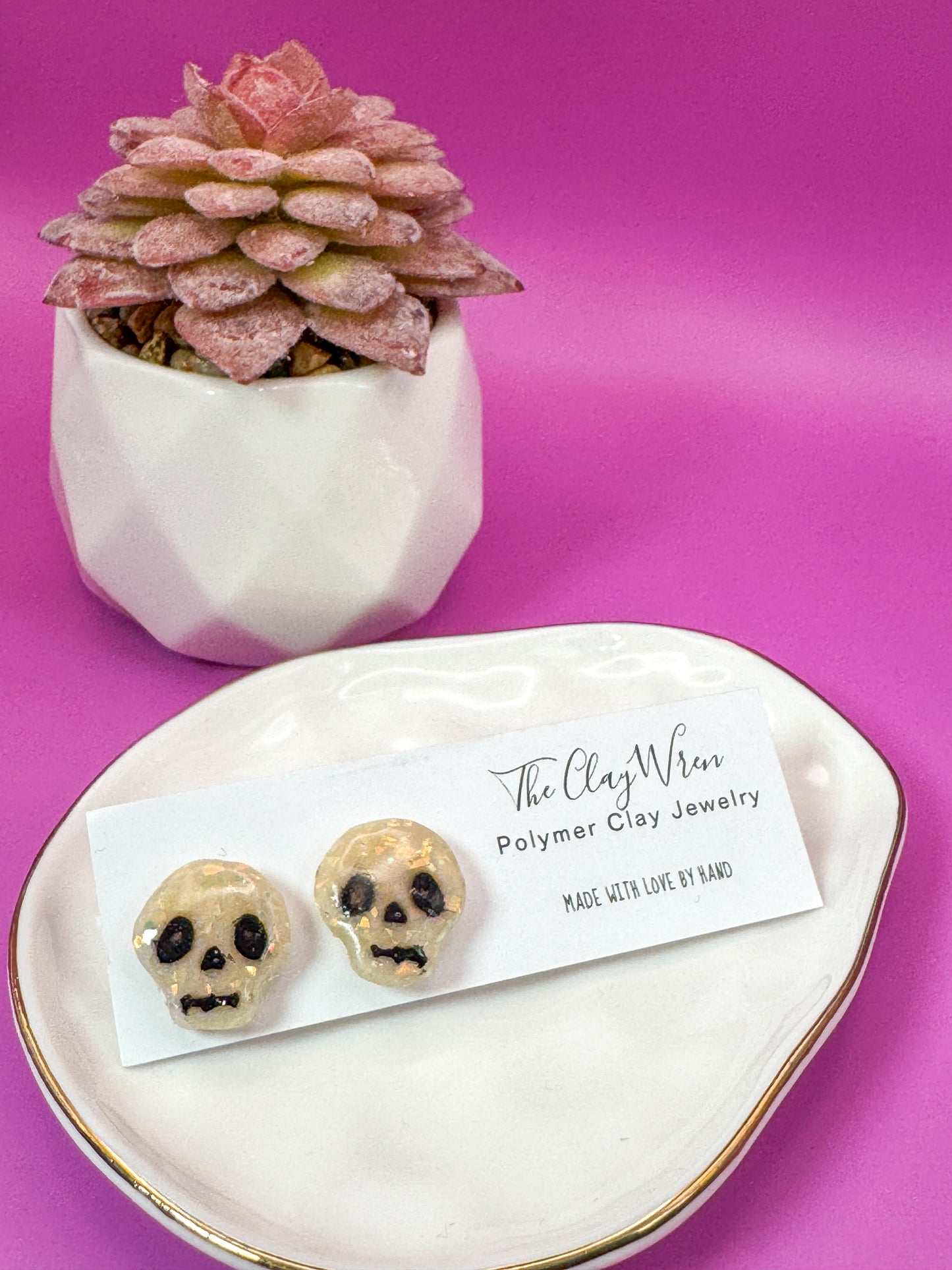 Faux Opal Skull Studs