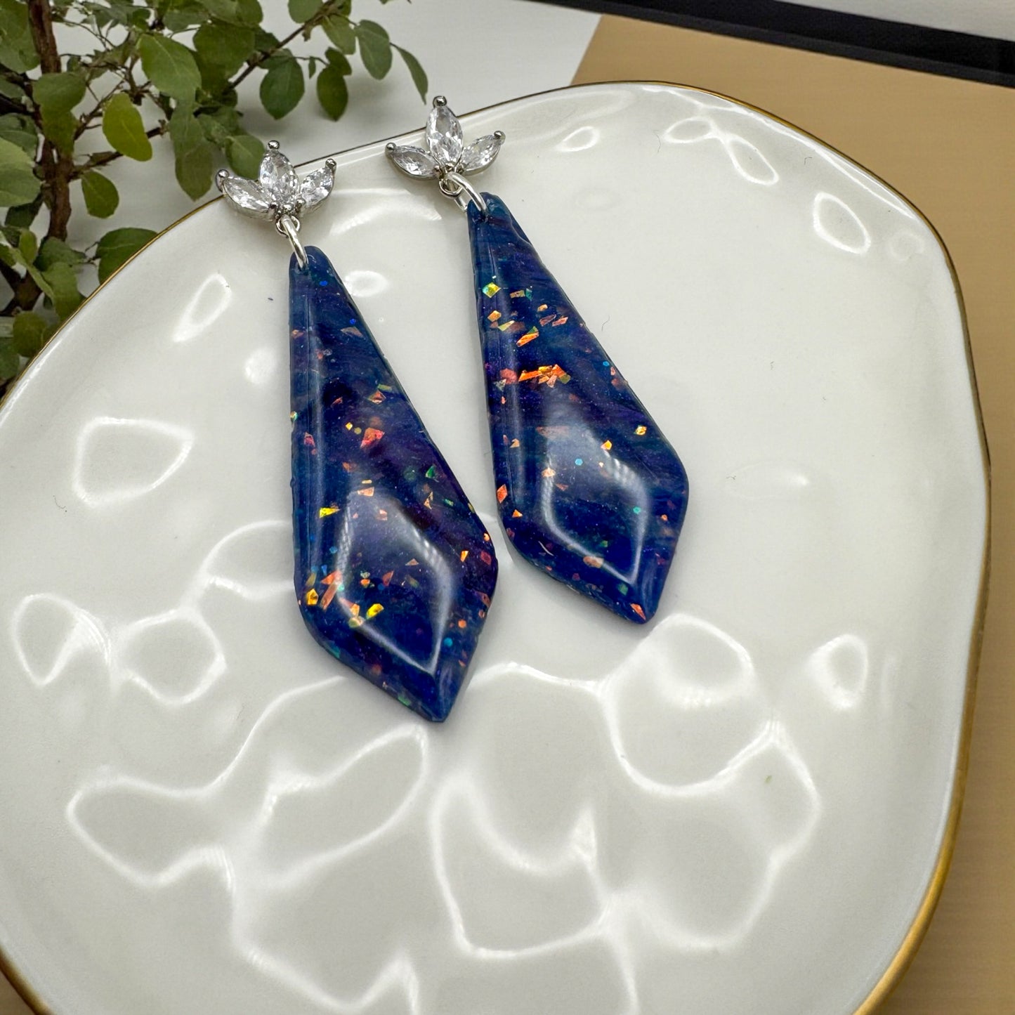 Faux blue and purple opal dangles