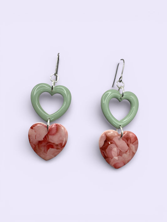 Cutout Heart 2 Tiered Dangle- Sage & Rose Petal