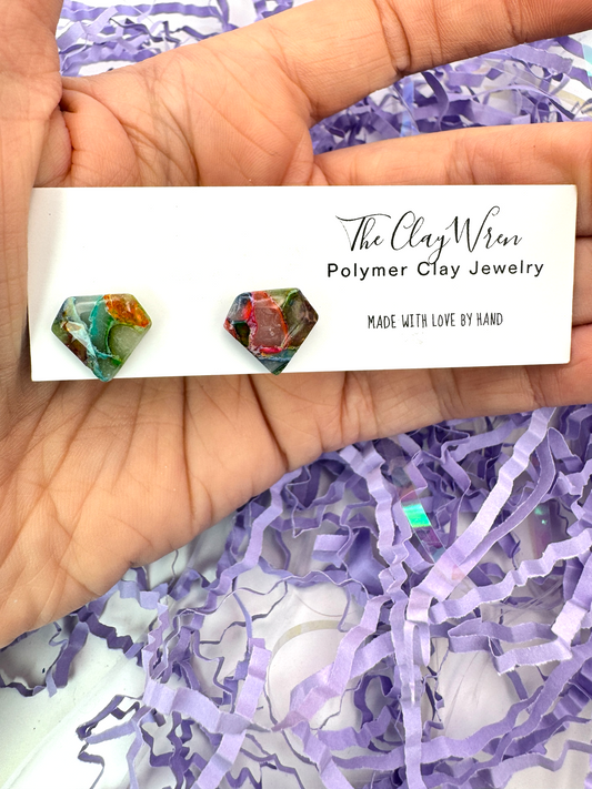 Rainbow Marble Studs- Jewel Shape