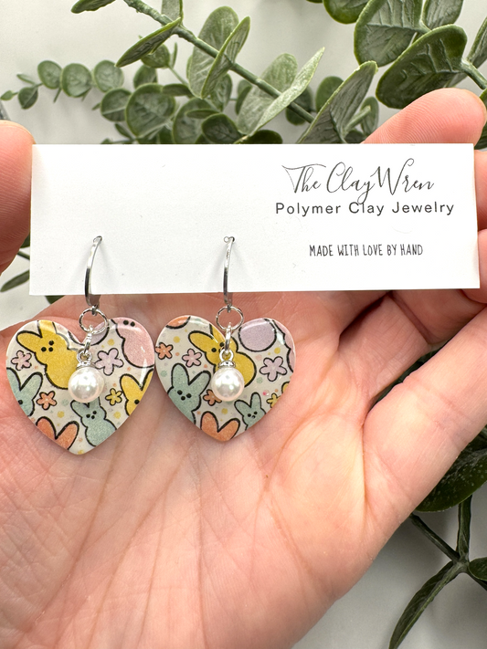 Spring Bunny Heart Huggies-with pearl charm