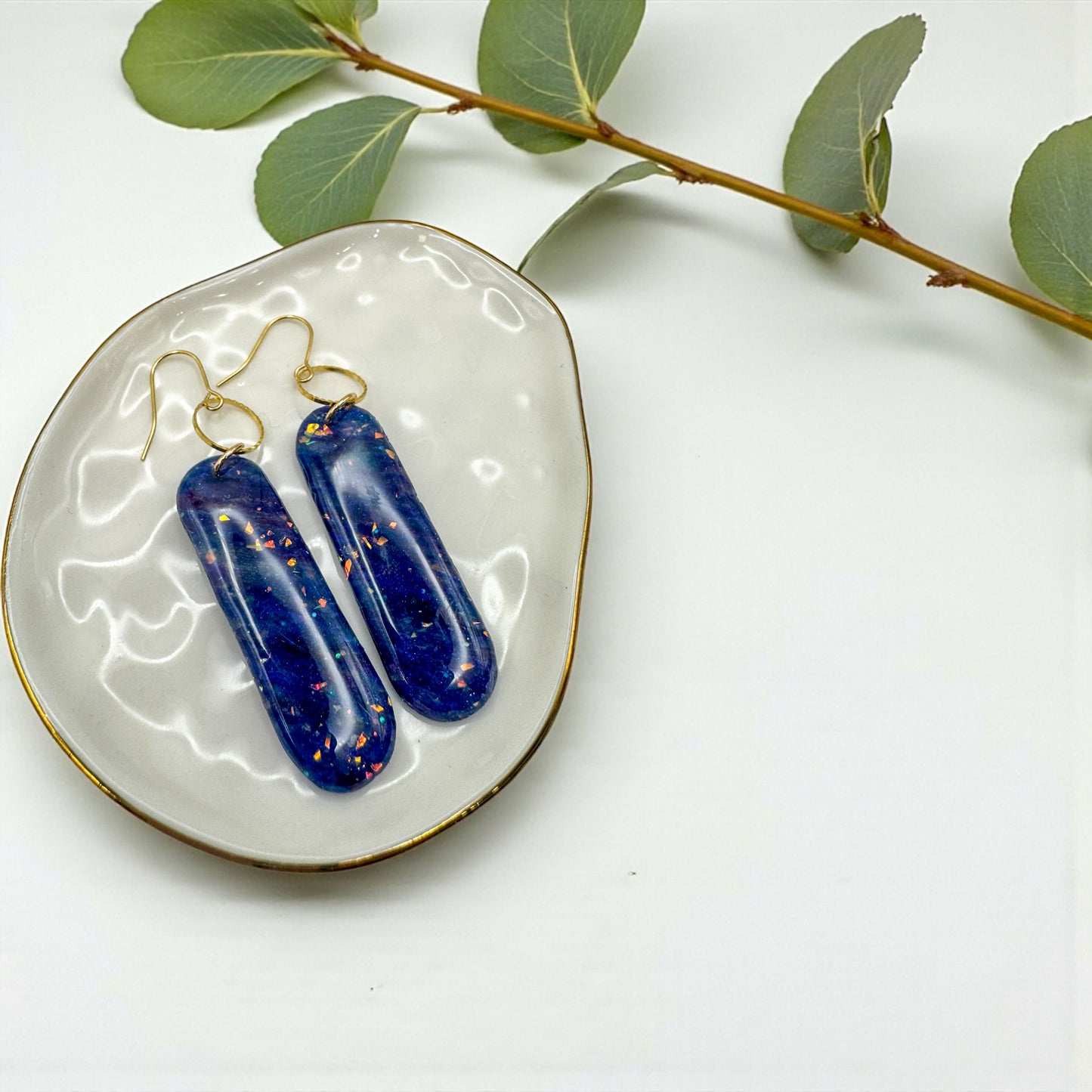 Faux blue and purple opal dangles