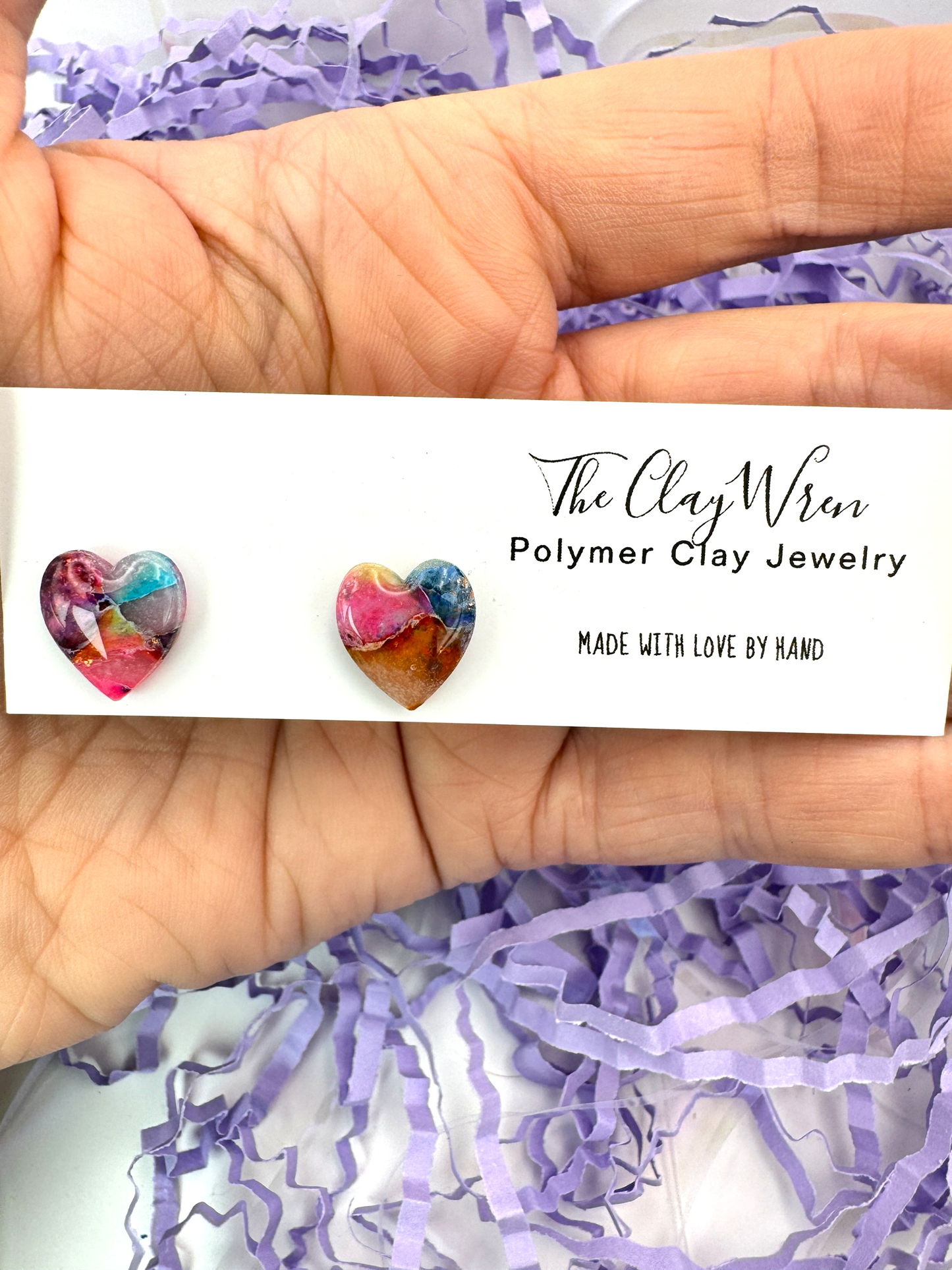 Rainbow Marble Studs-Elongated Hearts