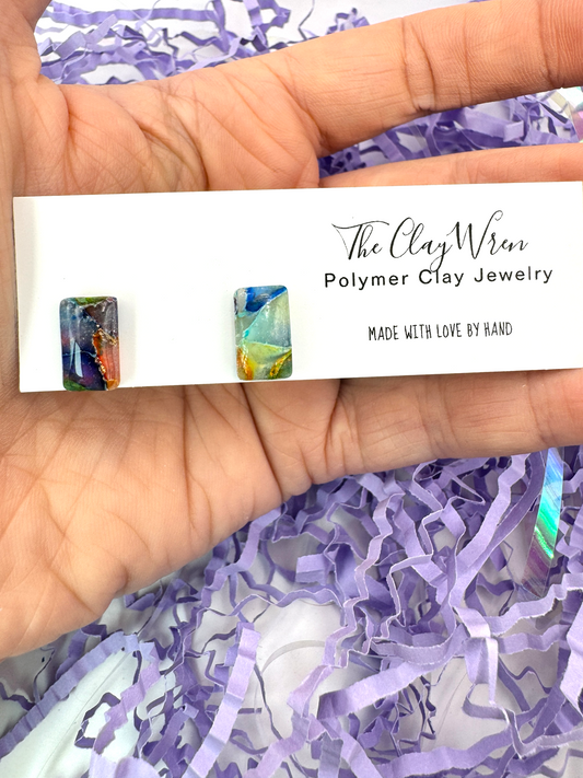 Rainbow Marble Studs- Rectangles