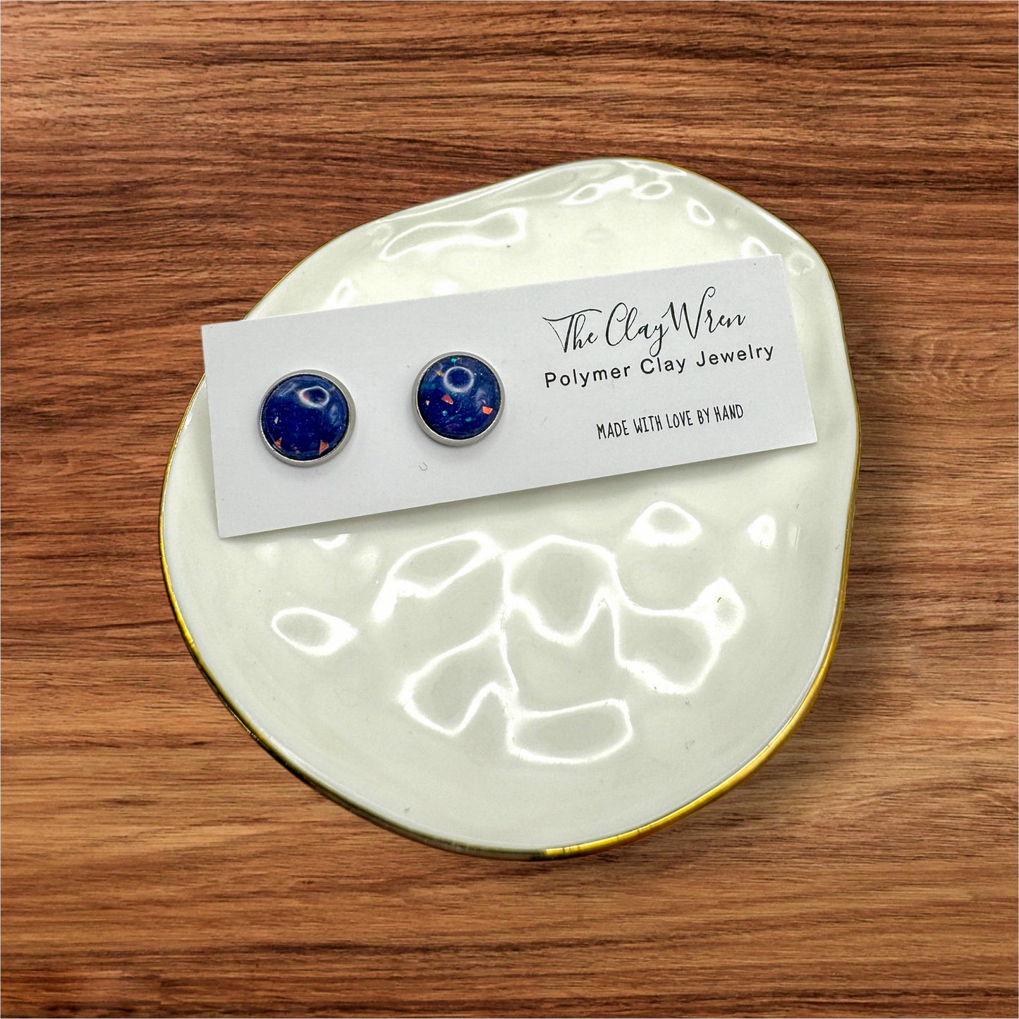 Faux blue and purple opal studs (round with bezel)