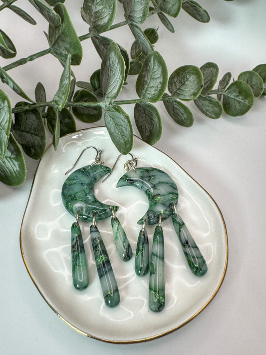Green Faux Stone Moon Dangles