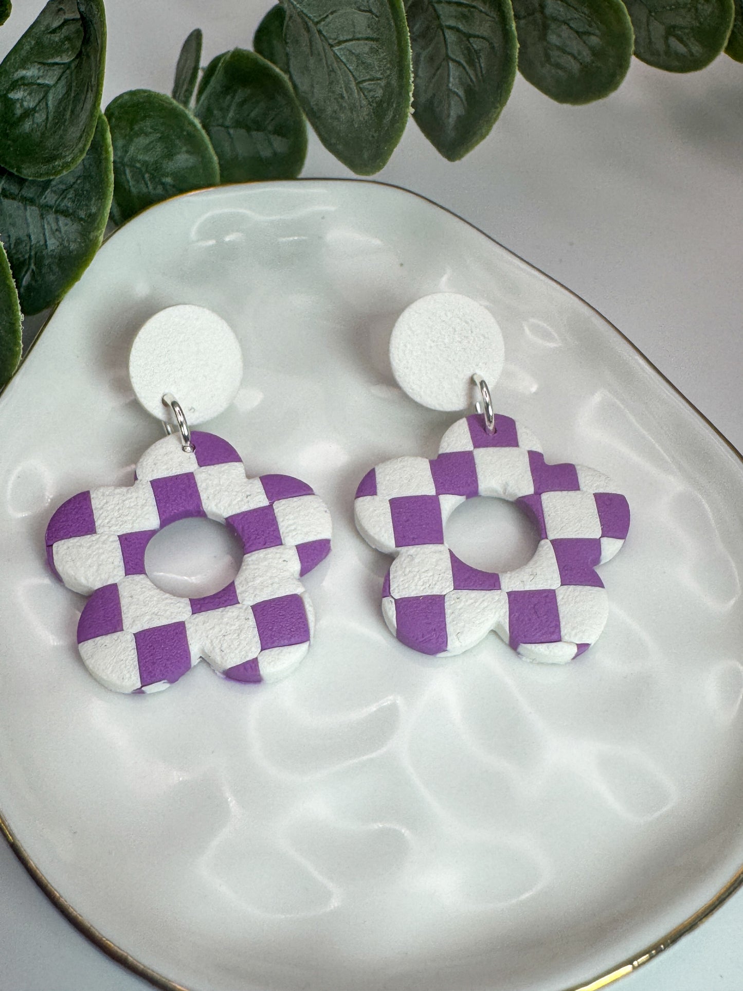 Purple & White Checkered Flower Dangels