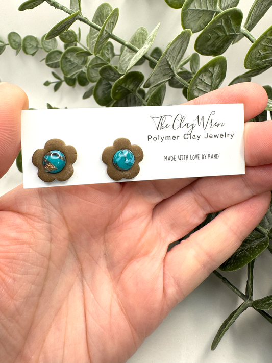 Faux Turquoise Bezel Studs- Flower